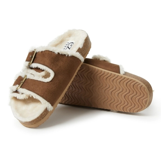 NWT EZ FEET CHESTNUT FUR LINED DOUBLE BUCKLE INDOOR/OUTDOOR SLIPPERS SZ 8 - Picture 1 of 7